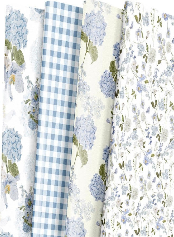 LeZakaa Floral Wrapping Paper, Blue Hydrangea Flowers & Gingham Check, 4 Different Design for Wedding, Bridal Shower, Mother's Day, Birthday, 12 Folded Sheets, 27.5 x 19.6 inches Per Sheet - Image 1