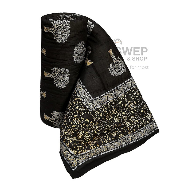 SIBLEY Traditional Jaipuri Soft Light Weight Pure Cotton Rajsthani Print RazaiQuiltBlanketRazai for Single Bed Black - Image 1