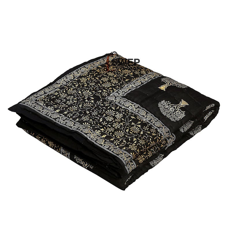 SIBLEY Traditional Jaipuri Soft Light Weight Pure Cotton Rajsthani Print RazaiQuiltBlanketRazai for Single Bed Black - Image 2
