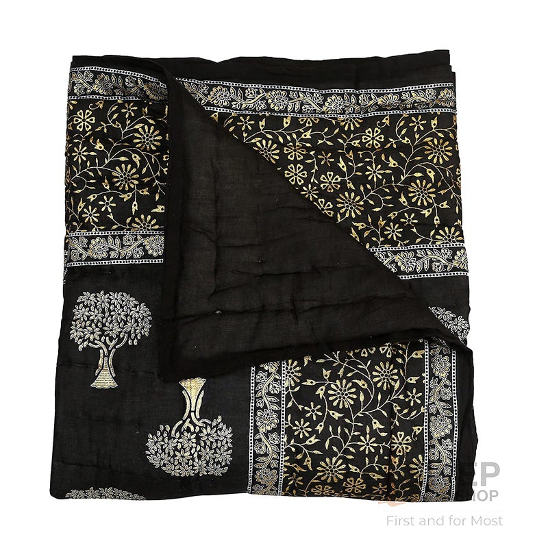 SIBLEY Traditional Jaipuri Soft Light Weight Pure Cotton Rajsthani Print RazaiQuiltBlanketRazai for Single Bed Black - Image 3
