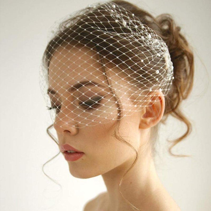 Unsutuo White Wedding Birdcage Veils with Comb Bridal Veil Pearl Bandeau Veil for Bride and Bridesmaid