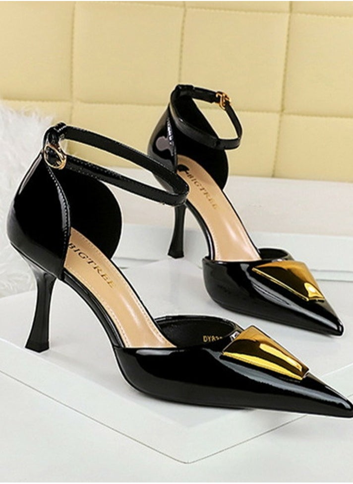 BIGTREE Women's Patent Leather Closed Pointed Toe High Heels With Ankle Straps Stiletto Pumps Black 8CM  - Image 1