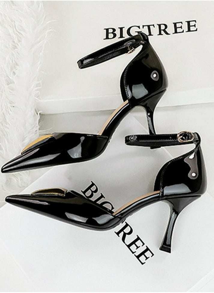 BIGTREE Women's Patent Leather Closed Pointed Toe High Heels With Ankle Straps Stiletto Pumps Black 8CM  - Image 2