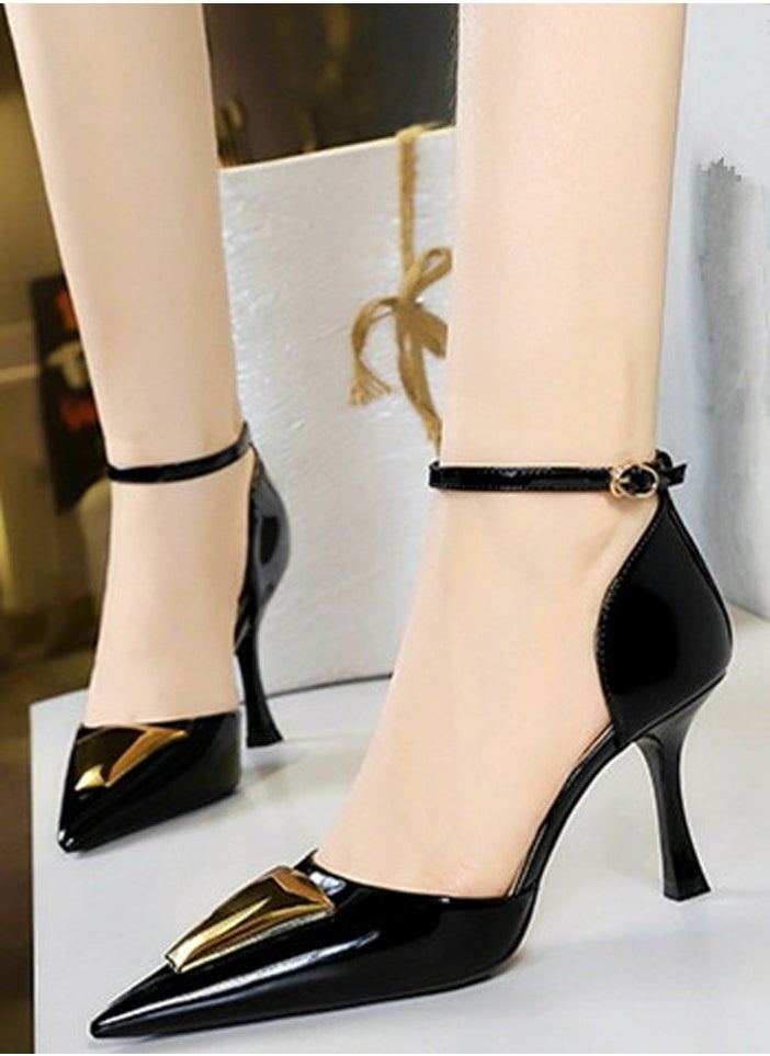 BIGTREE Women's Patent Leather Closed Pointed Toe High Heels With Ankle Straps Stiletto Pumps Black 8CM  - Image 3