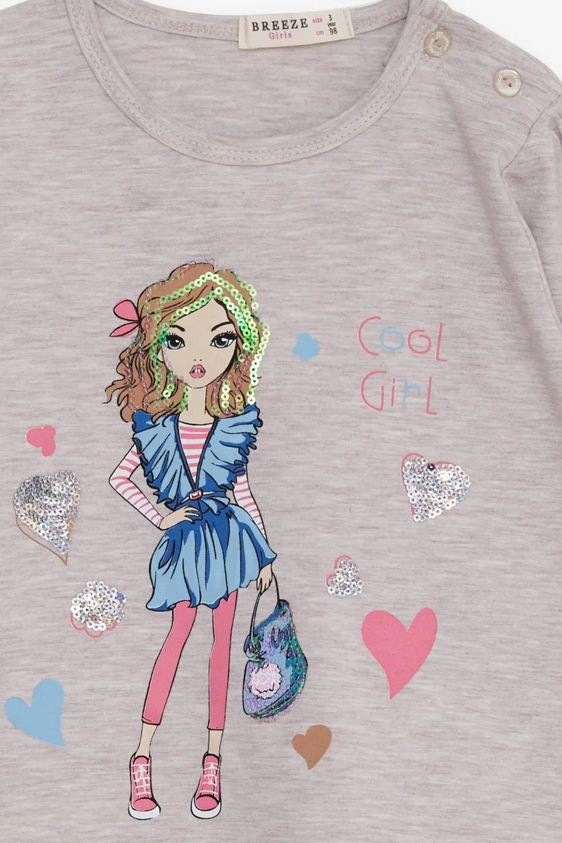 Breeze Girl's Long Sleeve T-Shirt Cool Girl Printed 1.5-5 Years, Beige Melange