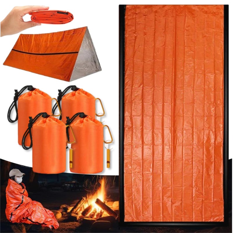 Dzronda Emergency Sleeping Bag with Whistle, Portable Emergency Survival Bag, Lightweight Pocket Size Emergency Sleeping Bag, Waterproof Thermal Bivy Sack for Camping, Hiking (4 Pack + Whistle) - Image 1