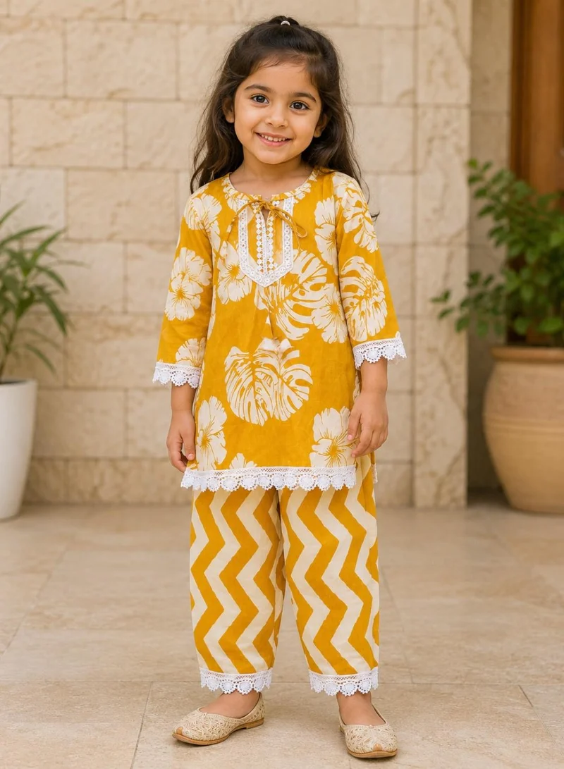بيبي كلو Girls Mustard Yellow Floral Kurta and Palazzo Set