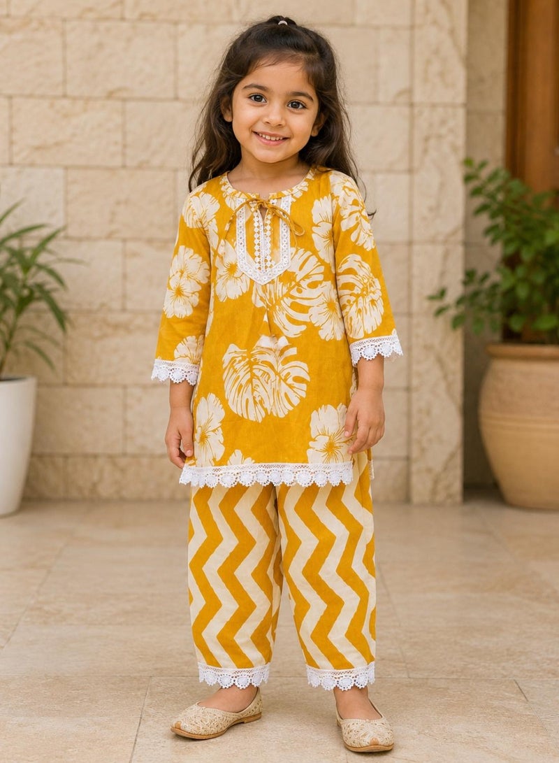 babyqlo Girls Mustard Yellow Floral Kurta and Palazzo Set - Image 2