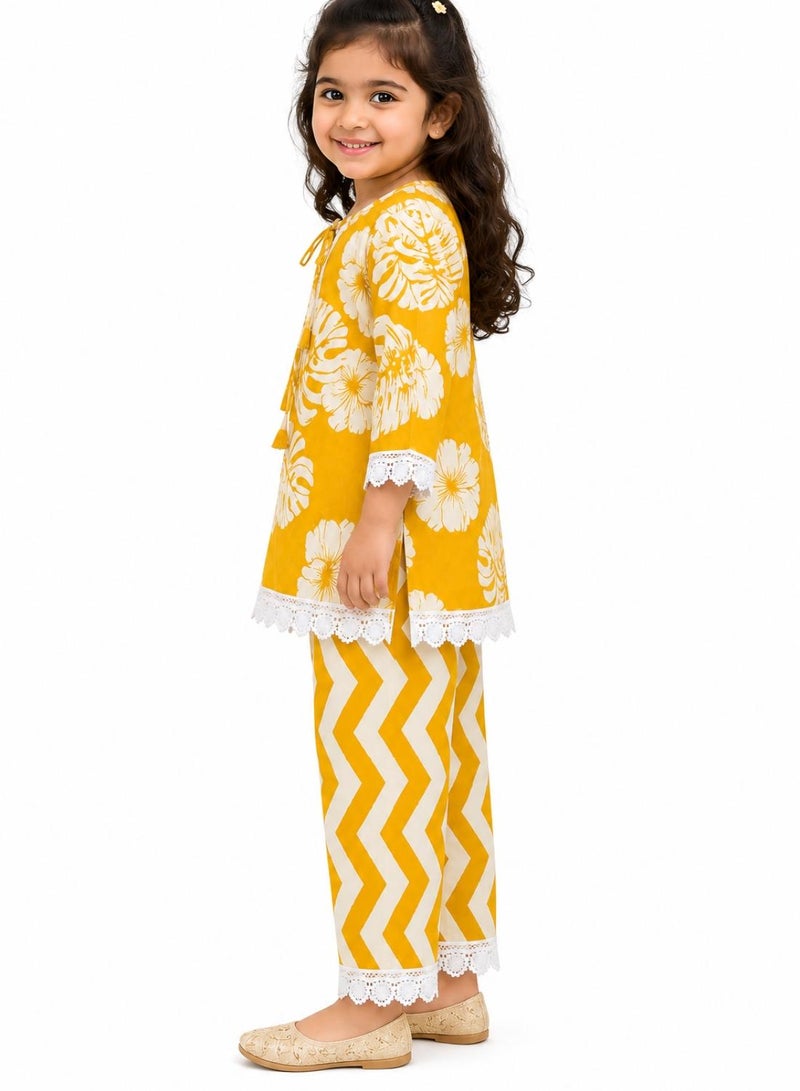 babyqlo Girls Mustard Yellow Floral Kurta and Palazzo Set - Image 4