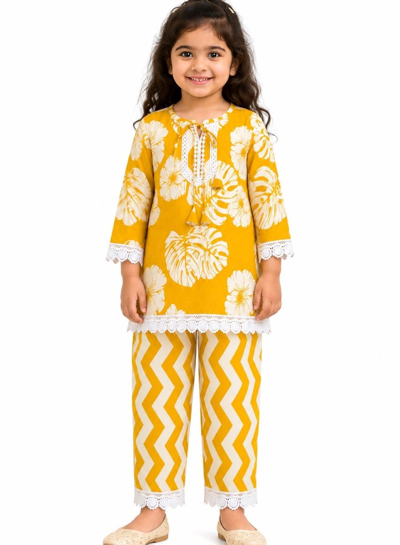 babyqlo Girls Mustard Yellow Floral Kurta and Palazzo Set - Image 1