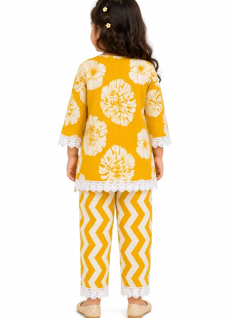 babyqlo Girls Mustard Yellow Floral Kurta and Palazzo Set - Image 3