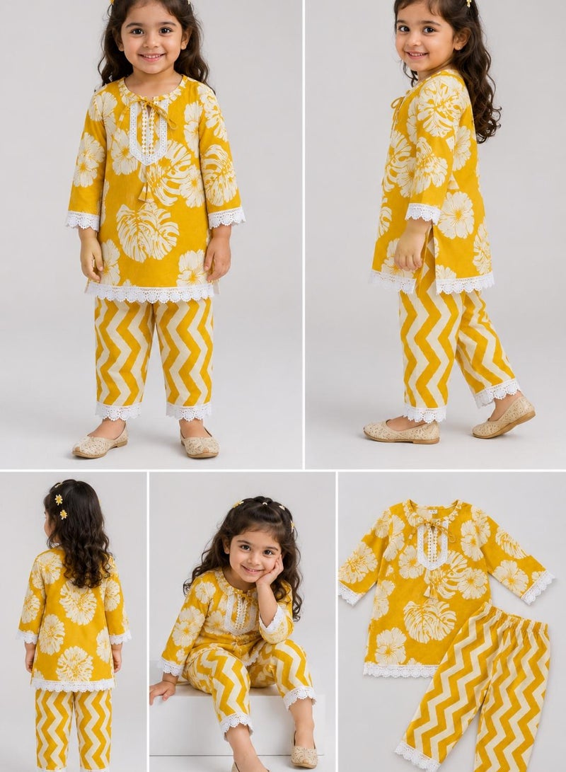 babyqlo Girls Mustard Yellow Floral Kurta and Palazzo Set - Image 5