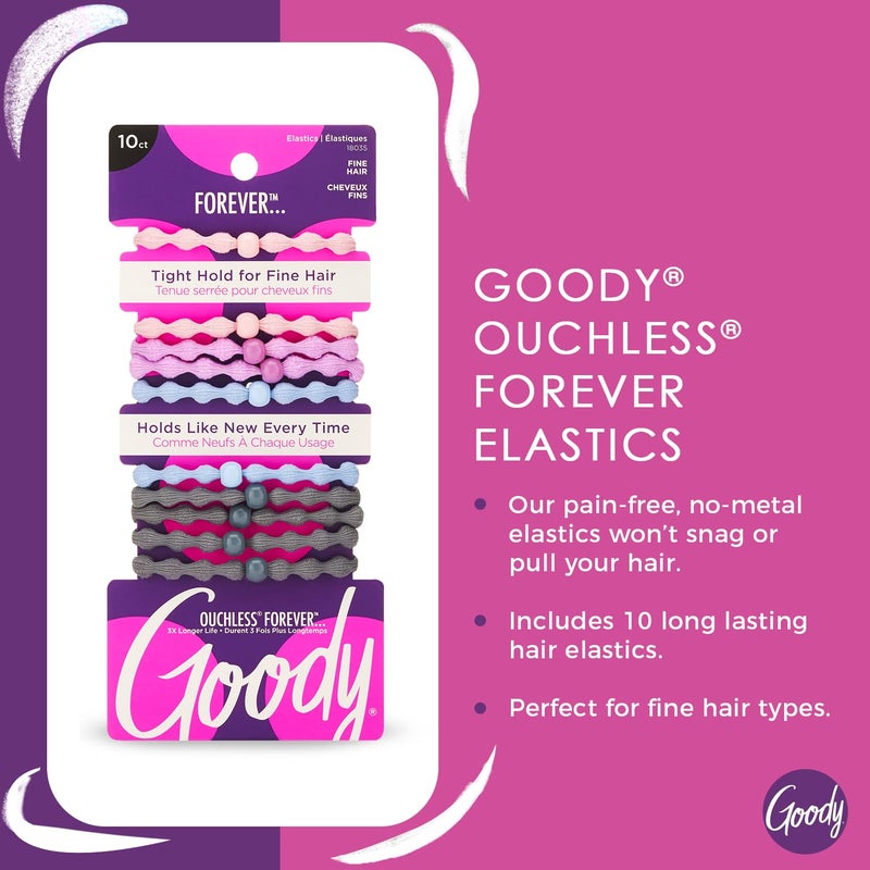 Goody Ouchless Forever Fine Hair Elastics, 10 Ct, Assorted Colors, Damage-Free Bands, 3X Stronger Elastic Ties, Retainable Shape, 16 Strand Inner Core, Styling Accessories for Women & Men - Image 2