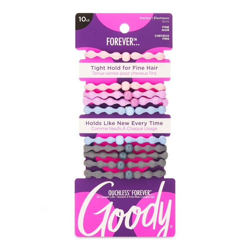 Goody Ouchless Forever Fine Hair Elastics, 10 Ct, Assorted Colors, Damage-Free Bands, 3X Stronger Elastic Ties, Retainable Shape, 16 Strand Inner Core, Styling Accessories for Women & Men - Image 1
