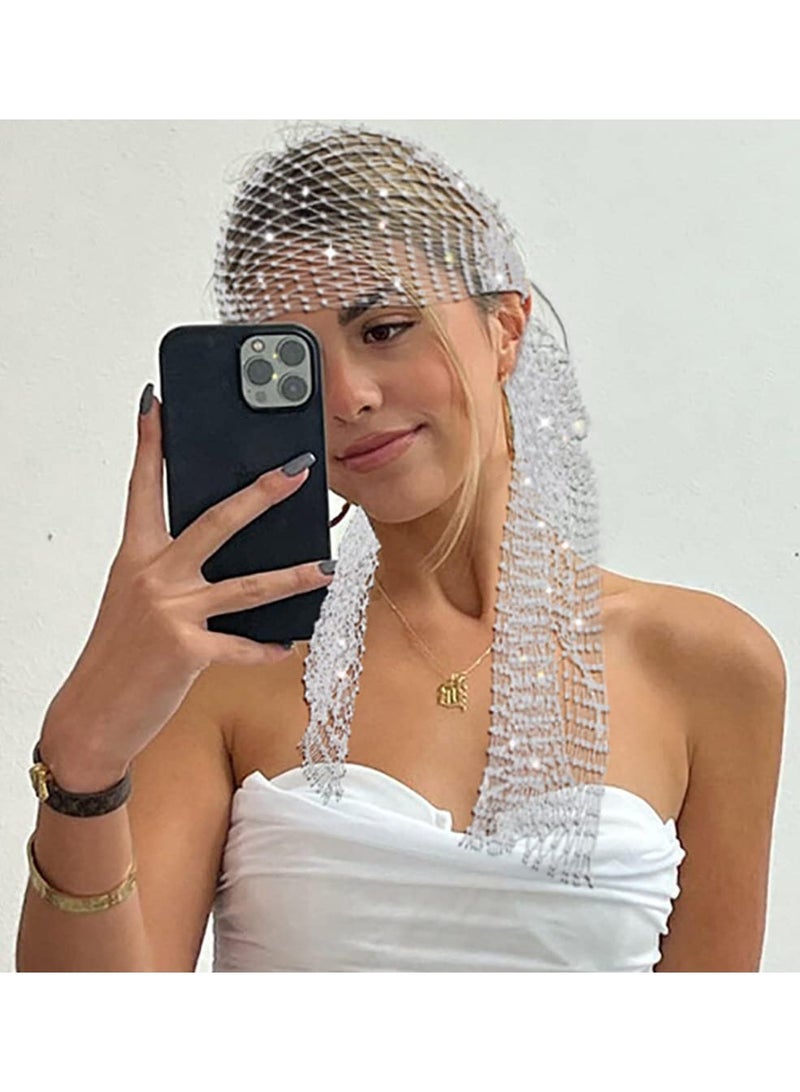 SYOSI SYOSI Mesh Rhinestone Headbands, Glitter Wide Hairbands Elastic Turban Kerchiefs, Crystal Nightclub Headscarfs Rave Party Head Wraps Sparkle Body Jewelry for Women and Girls (White) - Image 1