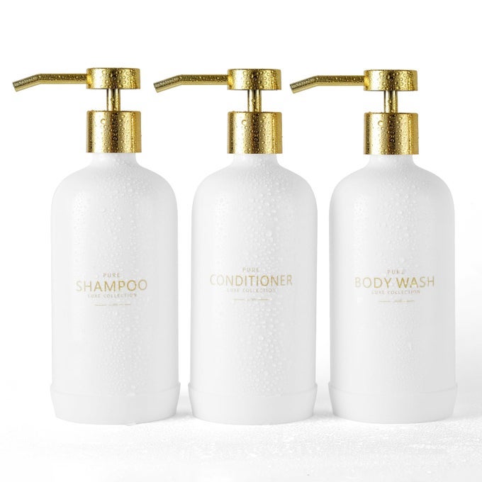 SHAMPOO AND CONDITIONER DISPENSER SET OF 3REFILLABLE 21OZ SHAMPOO BOTTLES WITH NONSLIP PROTECTIVE SILICONE PADSHOWER SOAP DISPENSER WITH WATERPROOF LABELS FOR BATHROOM WHITE