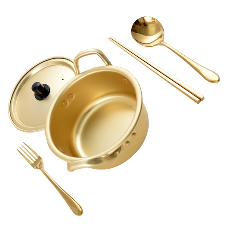 1 Set of Small Soup Pot Aluminum Noodles Pot with Chopsticks Spoon Fork - Image 1
