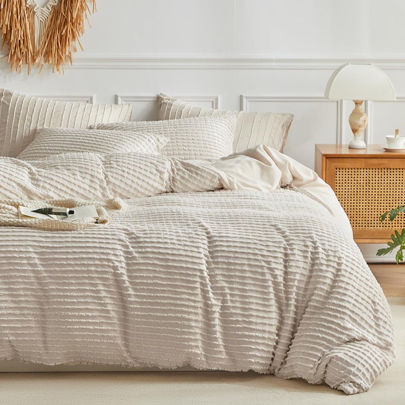 WARMDERN Boho Duvet Cover Set Queen SizeKhaki Striped Duvet Cover Microfiber Bedding Set3PCS Ultra Soft Breathable Lightweight Tuft Texture Pattern Duvet Covers with Zipper ClosureKhakiQueen