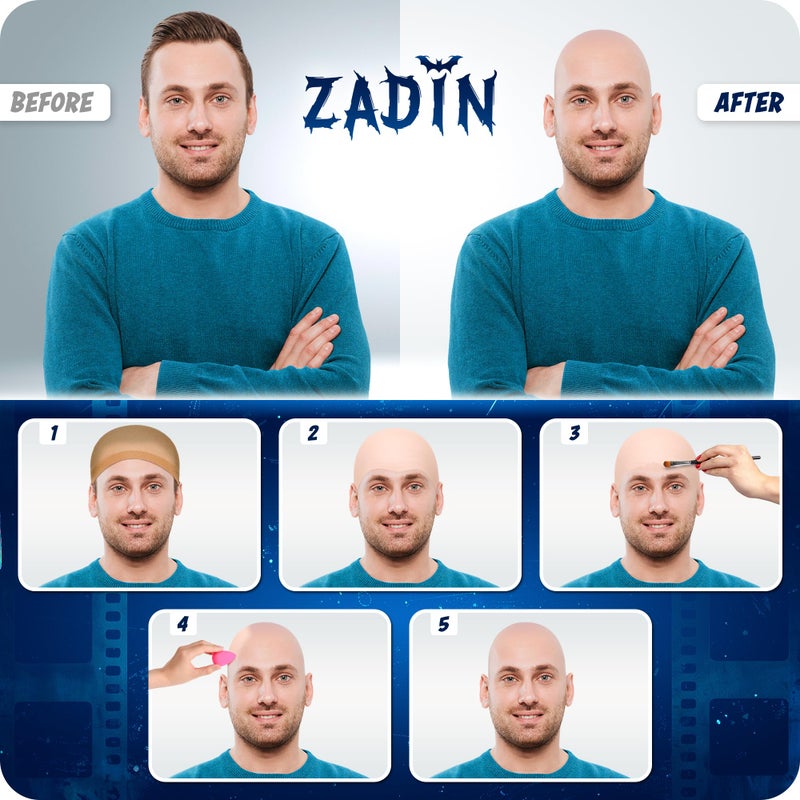 Zadin 2PCS Bald Cap for Men Women Costume, Wig Head Cap, Mr Clean Costume, Halloween Latex Dr Nefario Bald Kit - Image 3