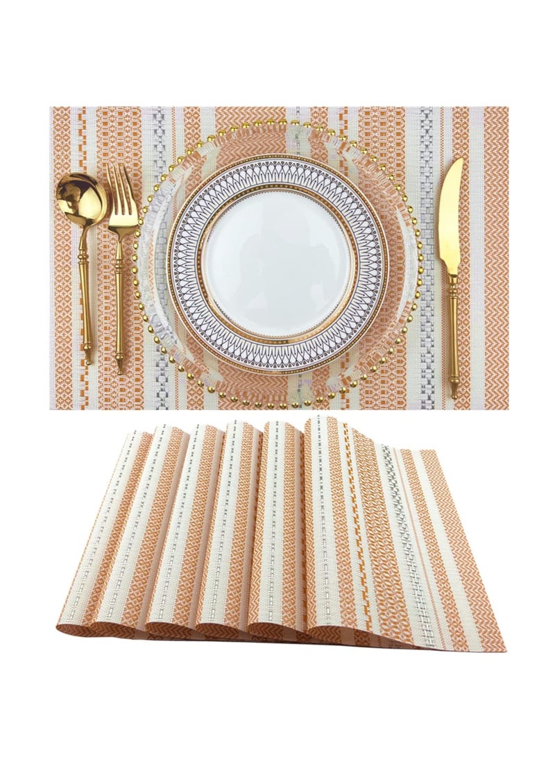 Zikra Placemat, Set of 6 Placemat Blending Color Durable Woven Vinyl Placemat Washable Heat-Resistant Anti-Skid Kitchen Dining Table Mats (Orange with White) - Image 1