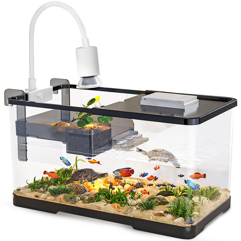 tuhaoking (Tank + Light + Filter + Filter Balls) Turtle Tank Kit, Turtle Tank Starter Kit,Bottom Drainage, Multi-Function Areas for Turtles, Crabs,Fishes, Amphibians,Reptiles. (21.65 Ã— 12.28 Ã— 12.28 Inch) - Image 1
