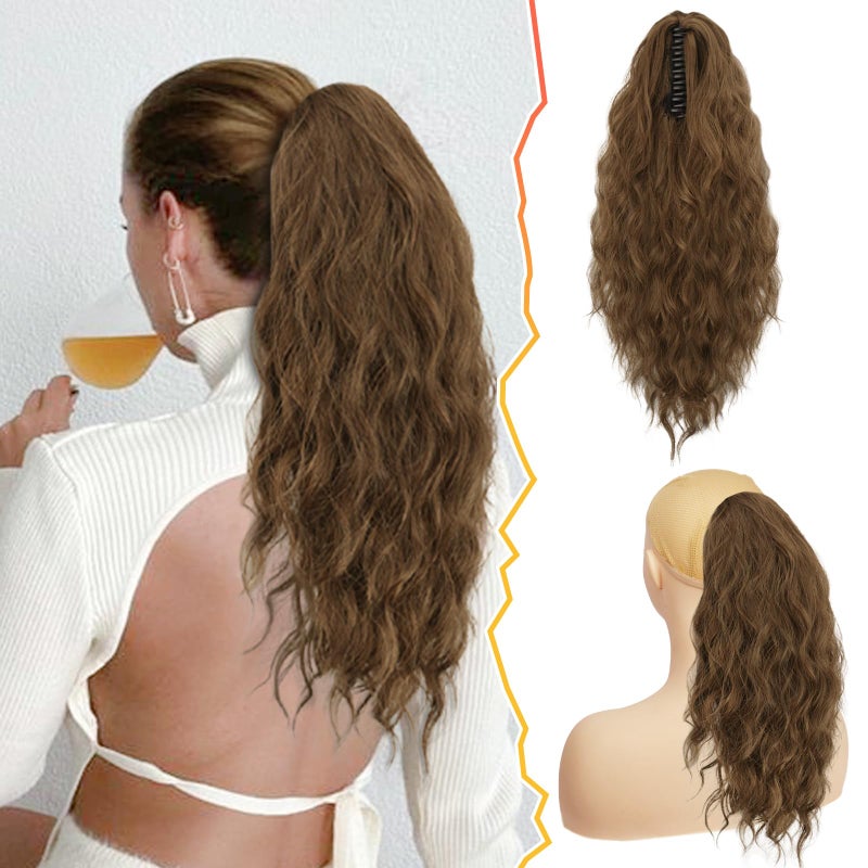 BARSDAR Brown Ponytail Extension  18 Inch Claw Clip Ponytail Extensions for Women  Curly Wavy Multi Layered Synthetic Clip in Ponytail Fake Pony Tail Hairpieces  Medium Brown