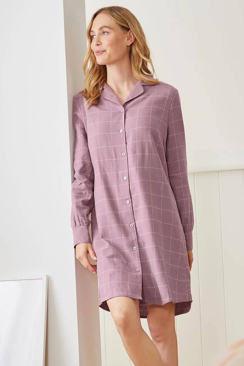 Tchibo Women Flannel Long Sleeve Nightgown, Mauve - Image 1