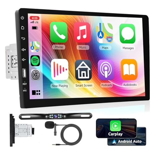 Podofo راديو سيارة بمدخل دين واحد مع كار بلاي وأندرويد أوتو، بودوفو 9 إنش شاشة تعمل باللمس بلوتوث، راديو سيارة يدعم راديو FM/AM، منفذ USB، مرآة رابط، EQ SWC، أجهزة صوتية للسيارة مع كاميرا خلفية - Image 1