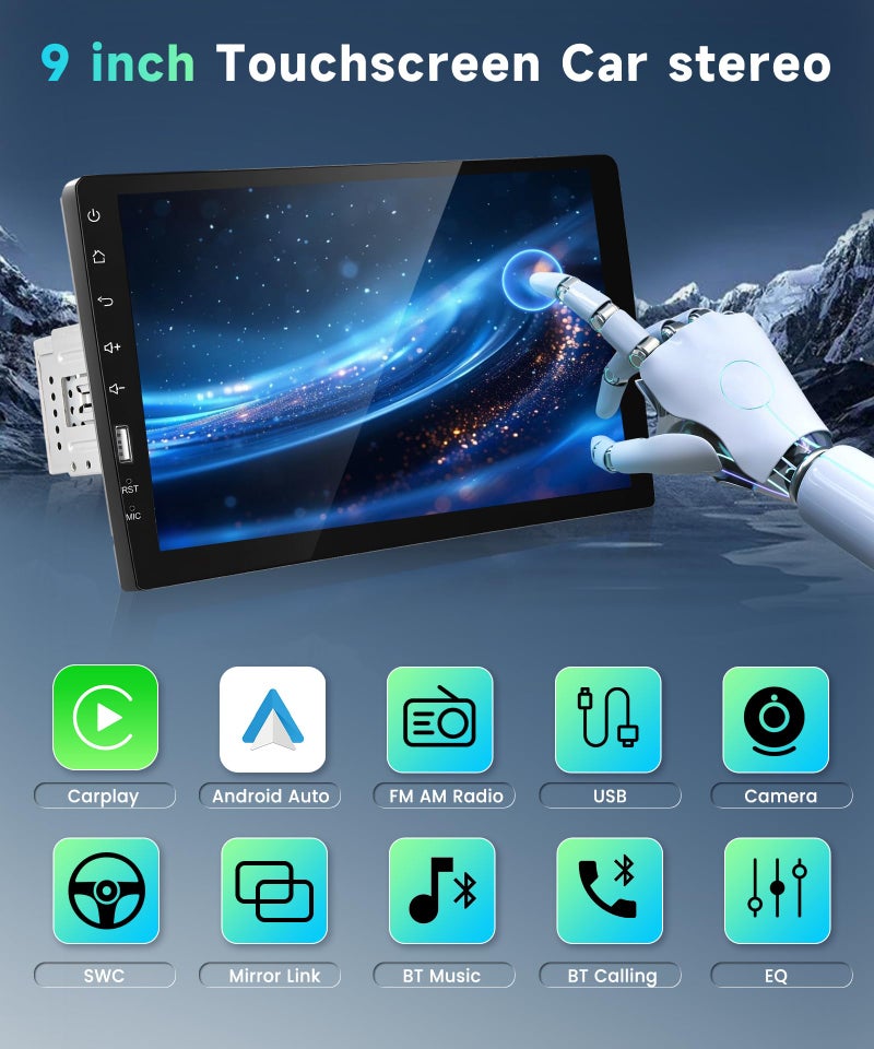 Podofo راديو سيارة بمدخل دين واحد مع كار بلاي وأندرويد أوتو، بودوفو 9 إنش شاشة تعمل باللمس بلوتوث، راديو سيارة يدعم راديو FM/AM، منفذ USB، مرآة رابط، EQ SWC، أجهزة صوتية للسيارة مع كاميرا خلفية - Image 3