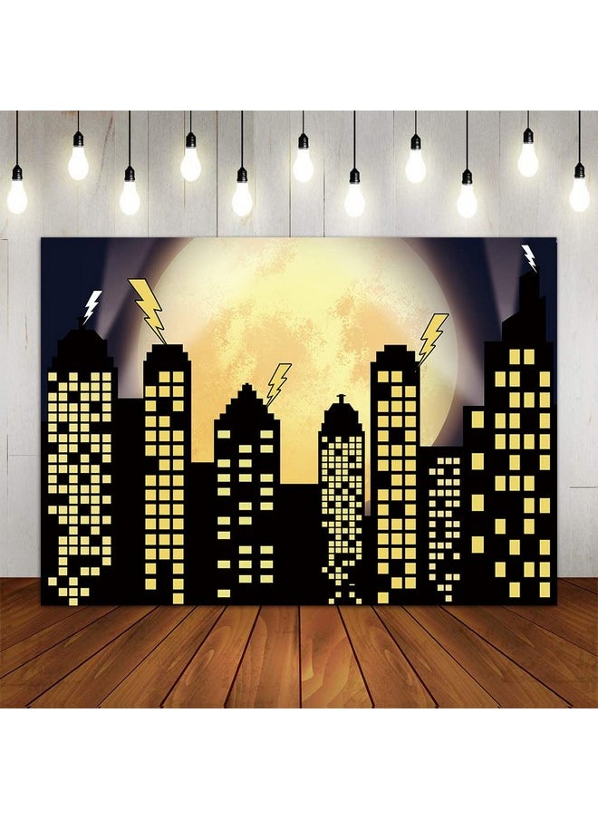 Yongqian - Superhero Super City Photography Backdrops Skyline Buildings City Boom Full Moon Bat Photo Background Children Birthday Party Banner Photo Studio Booth Cake Table Decor 7X5Ft Vinyl - Image 1