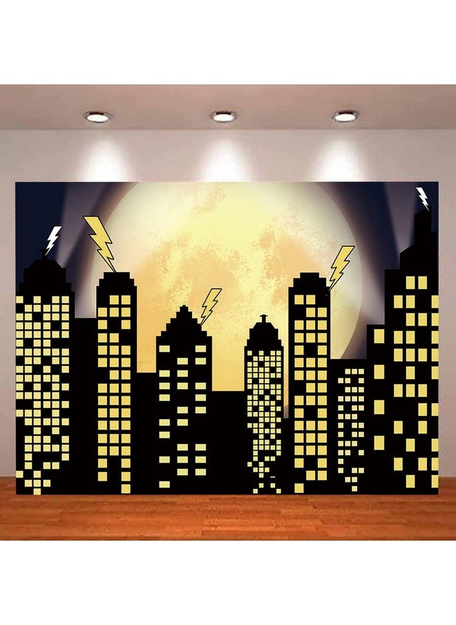 Yongqian - Superhero Super City Photography Backdrops Skyline Buildings City Boom Full Moon Bat Photo Background Children Birthday Party Banner Photo Studio Booth Cake Table Decor 7X5Ft Vinyl - Image 1