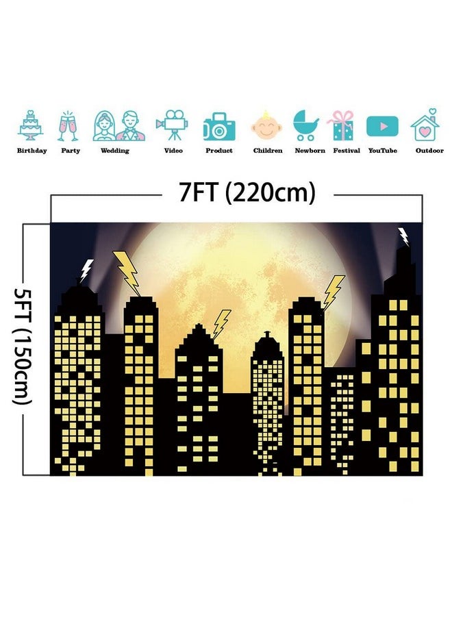 Yongqian - Superhero Super City Photography Backdrops Skyline Buildings City Boom Full Moon Bat Photo Background Children Birthday Party Banner Photo Studio Booth Cake Table Decor 7X5Ft Vinyl - Image 1