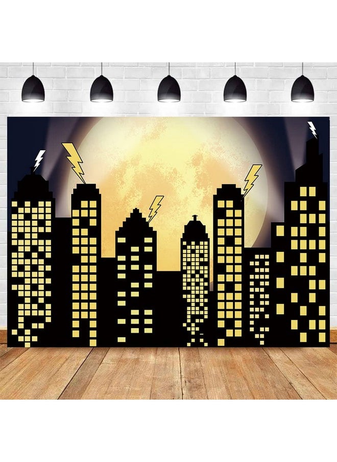 Yongqian - Superhero Super City Photography Backdrops Skyline Buildings City Boom Full Moon Bat Photo Background Children Birthday Party Banner Photo Studio Booth Cake Table Decor 7X5Ft Vinyl - Image 1