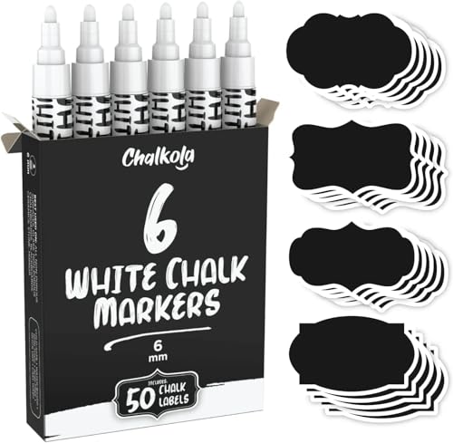 Chalkola White Chalk Markers (6 Pack, 6mm Reversible Tip) - White Dry Erase Liquid Chalk Pens for Blackboard, Window, Bistro, Car Glass, Board, Calendar - Erasable Chalkboard Markers + 50 labels - Image 1