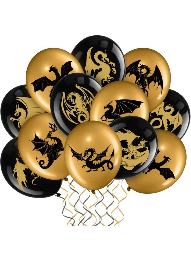 Zomiboo 50 Pieces Dragon Theme Party Supplies, Dragon Theme Party Balloons, Black Gold Birthday Decoration Picks for Fantasy Supplies, 12 Inches - Image 1