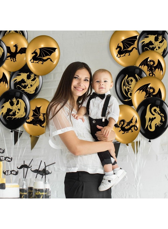 Zomiboo 50 Pieces Dragon Theme Party Supplies, Dragon Theme Party Balloons, Black Gold Birthday Decoration Picks for Fantasy Supplies, 12 Inches - Image 5