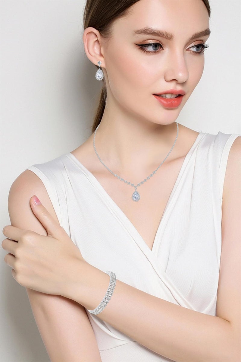 Paxuan Silver / Gold Rhinestone Crystal Wedding Bridal Bridesmaids Earrings Bracelet Set for Women Brides Bridesmaids Crystal Rhinestone Bracelet Earrings Set for Wedding Bridal Prom Pageant (Style1 - Necklace + Earrings + Bracelet(Silver Plated White Cubic Zirconia)) - Image 4