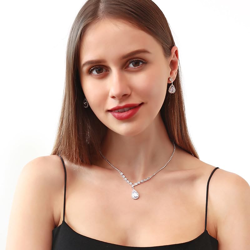 Paxuan Silver / Gold Rhinestone Crystal Wedding Bridal Bridesmaids Earrings Bracelet Set for Women Brides Bridesmaids Crystal Rhinestone Bracelet Earrings Set for Wedding Bridal Prom Pageant (Style1 - Necklace + Earrings + Bracelet(Silver Plated White Cubic Zirconia)) - Image 2