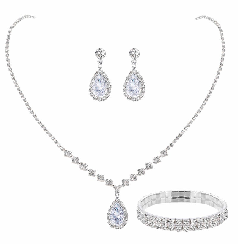 Paxuan Silver / Gold Rhinestone Crystal Wedding Bridal Bridesmaids Earrings Bracelet Set for Women Brides Bridesmaids Crystal Rhinestone Bracelet Earrings Set for Wedding Bridal Prom Pageant (Style1 - Necklace + Earrings + Bracelet(Silver Plated White Cubic Zirconia)) - Image 1