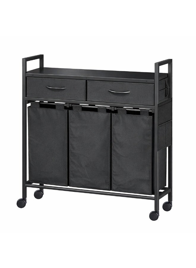 180L Laundry Hamper with Shelf, 2 Drawers, and 3 Pull-Out Removable Oxford Fabric Bags, Clothes Storage Organizer Cart, Black