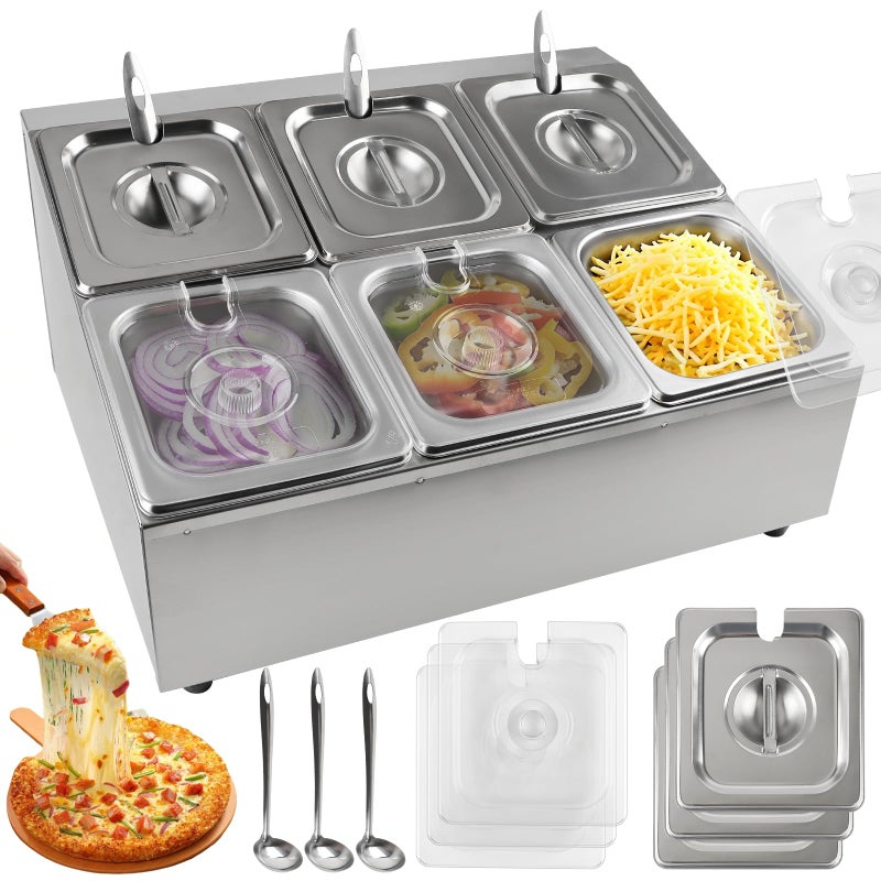 Lanstics Pizza Topping Station Pizza Storage Container Topping containers with Lids Spoon Condiment Organizers Buffet Containers Set for Restaurant Pizza Sauce Jam Fruit Ingredient (6 Pans) - Image 1