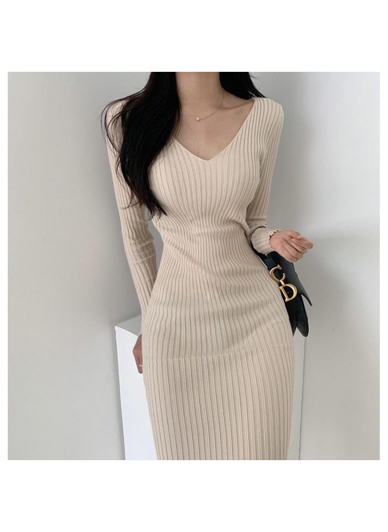 Generic Chic V-neck Knitted Slimming Dress Womens Autumn Winter Base Layer Skirt Slimming Versatile Long Dress Street Style Cotton apricot (regular version) 