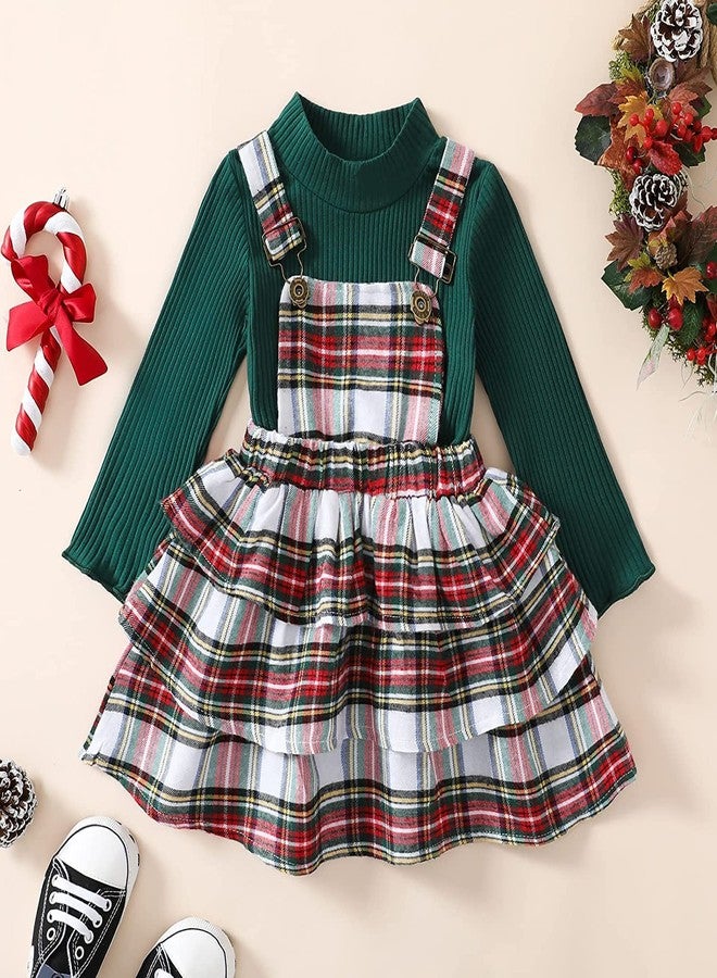 Okbabeha Toddler Girl Christmas Outfits Plaid Dress Solid Shirt Suspender Skirt 1T 2T 3T 4T 5T Kids Girls Overall Dress Set (Green+White Plaid Dress,3-4T) - Image 2