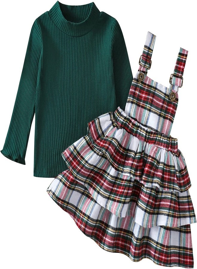 Okbabeha Toddler Girl Christmas Outfits Plaid Dress Solid Shirt Suspender Skirt 1T 2T 3T 4T 5T Kids Girls Overall Dress Set (Green+White Plaid Dress,3-4T) - Image 1