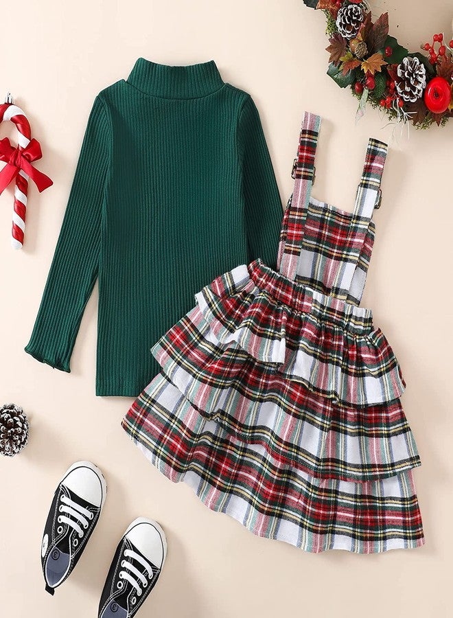 Okbabeha Toddler Girl Christmas Outfits Plaid Dress Solid Shirt Suspender Skirt 1T 2T 3T 4T 5T Kids Girls Overall Dress Set (Green+White Plaid Dress,3-4T) - Image 3