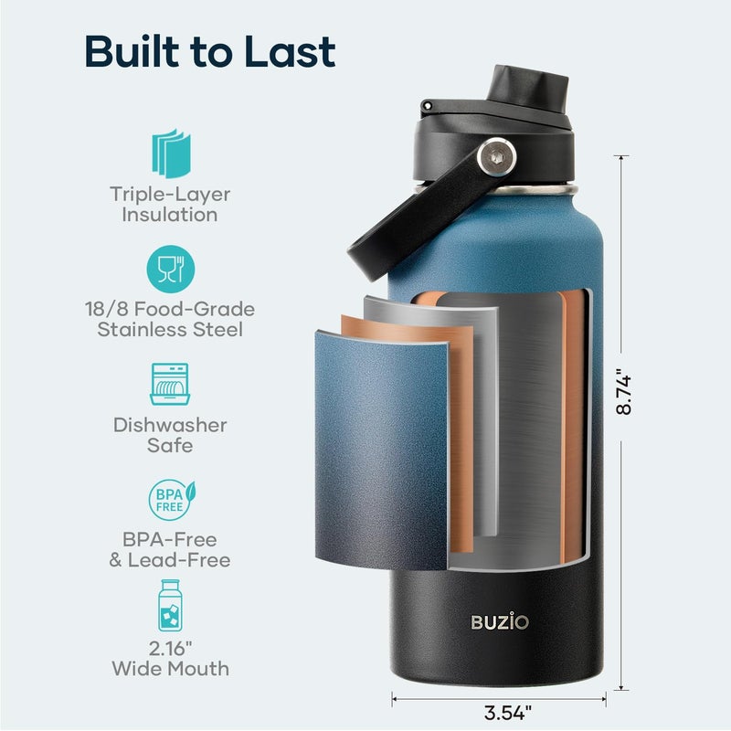 BUZIO Water Bottle with Straw Lid and Flex Cap, 32oz Modern Double Vacuum Stainless Steel Water Flask, Cold for 48 Hrs Hot for 24 Hrs Simple Thermo Canteen Mug, Indigo Black - Image 4