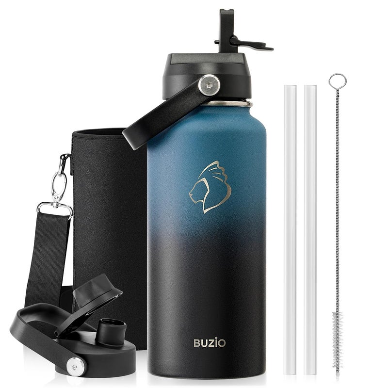 BUZIO Water Bottle with Straw Lid and Flex Cap, 32oz Modern Double Vacuum Stainless Steel Water Flask, Cold for 48 Hrs Hot for 24 Hrs Simple Thermo Canteen Mug, Indigo Black - Image 1