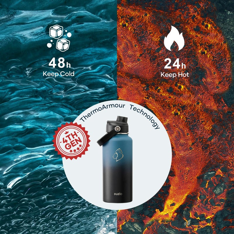 BUZIO Water Bottle with Straw Lid and Flex Cap, 32oz Modern Double Vacuum Stainless Steel Water Flask, Cold for 48 Hrs Hot for 24 Hrs Simple Thermo Canteen Mug, Indigo Black - Image 2