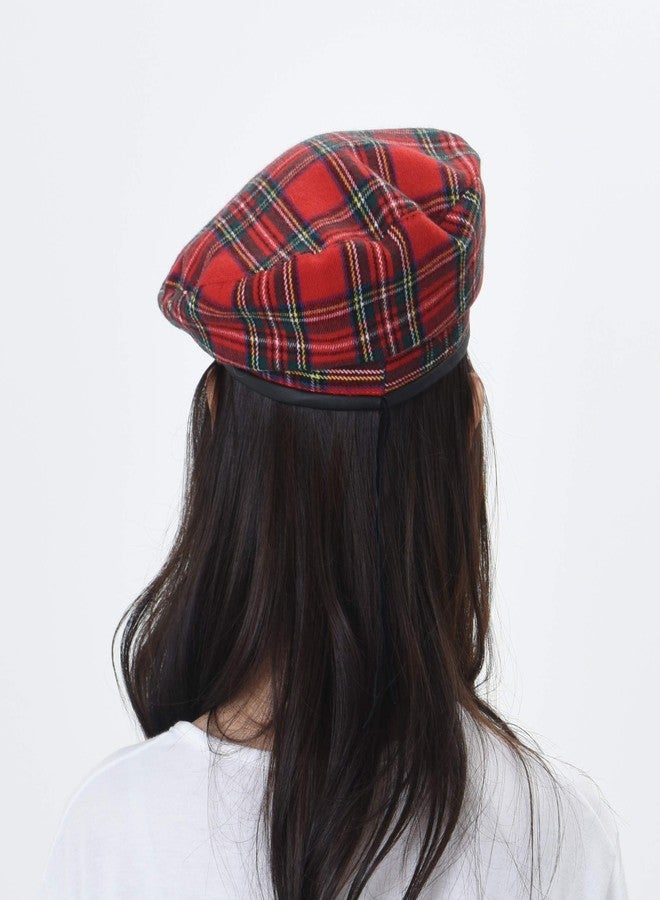 WITHMOONS Wool Beret Hat Tartan Check Leather Sweatband KR9539 (Red) - Image 5
