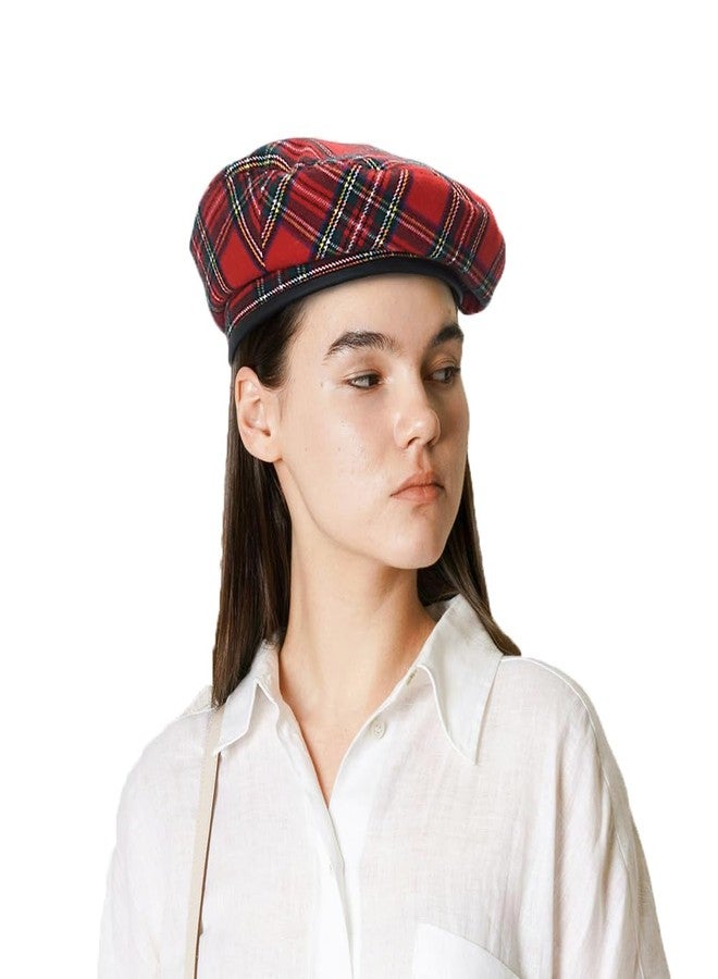 WITHMOONS Wool Beret Hat Tartan Check Leather Sweatband KR9539 (Red) - Image 1
